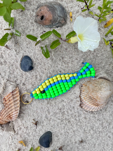 Beaded Fish bag charm ( yellow blue bright green )