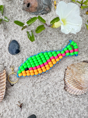 Beaded Fish bag charm ( bright green pink orange )