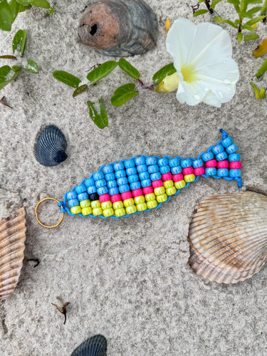 Beaded Fish Bag Charm ( shiney blue pink yellow )