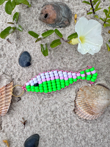 Beaded Fish bag charm ( shiney white, light pink, bright green )