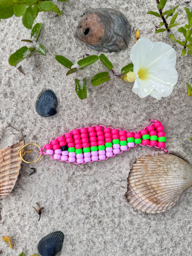 Beaded Fish bag charm ( pink bright green light pink )