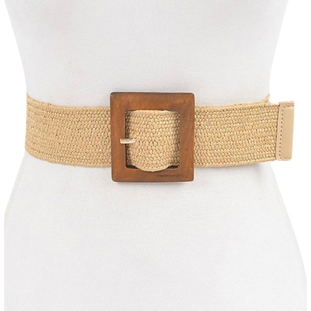 Stretchy straw belt with wooden square buckle