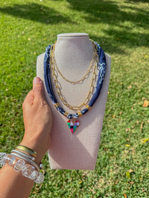 Checked Heart navy bandana necklace